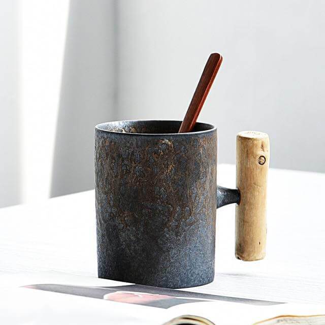 Coarse Pottery Mug with Wooden Handgrip