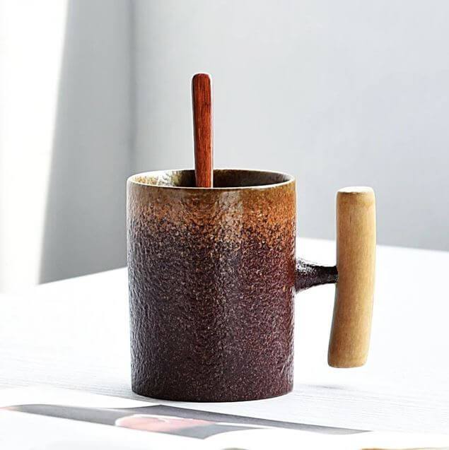 Coarse Pottery Mug with Wooden Handgrip