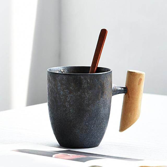 Coarse Pottery Mug with Wooden Handgrip