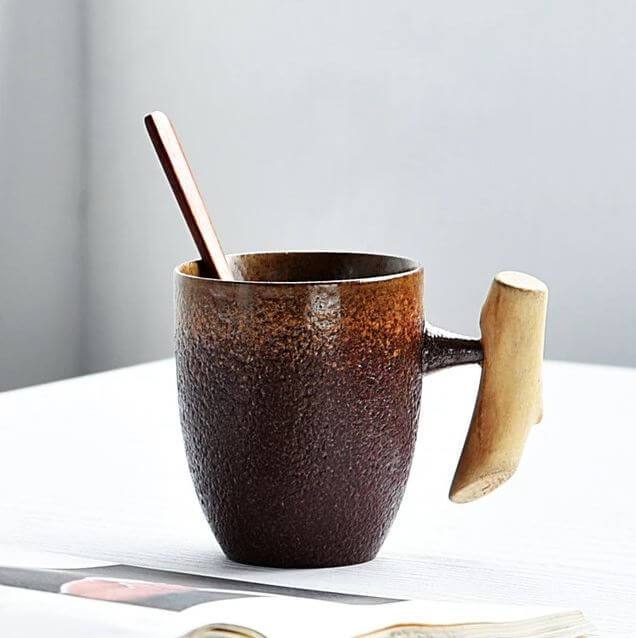 Coarse Pottery Mug with Wooden Handgrip