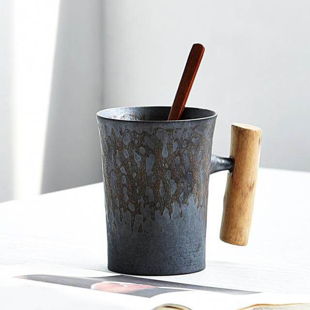 Coarse Pottery Mug with Wooden Handgrip