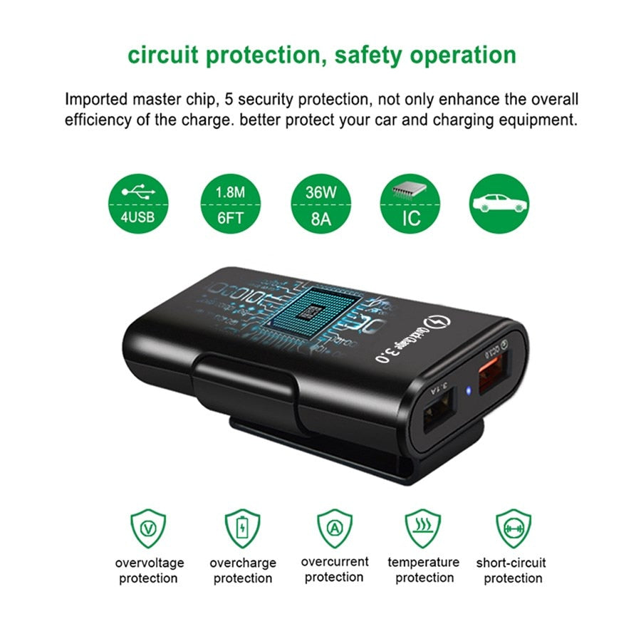 4-Port USB Car Charger with Extension Cable