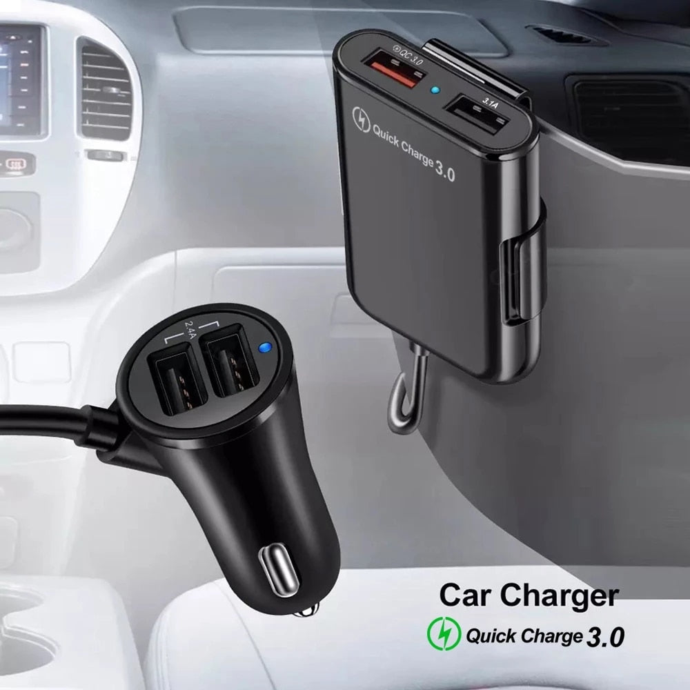 4-Port USB Car Charger with Extension Cable