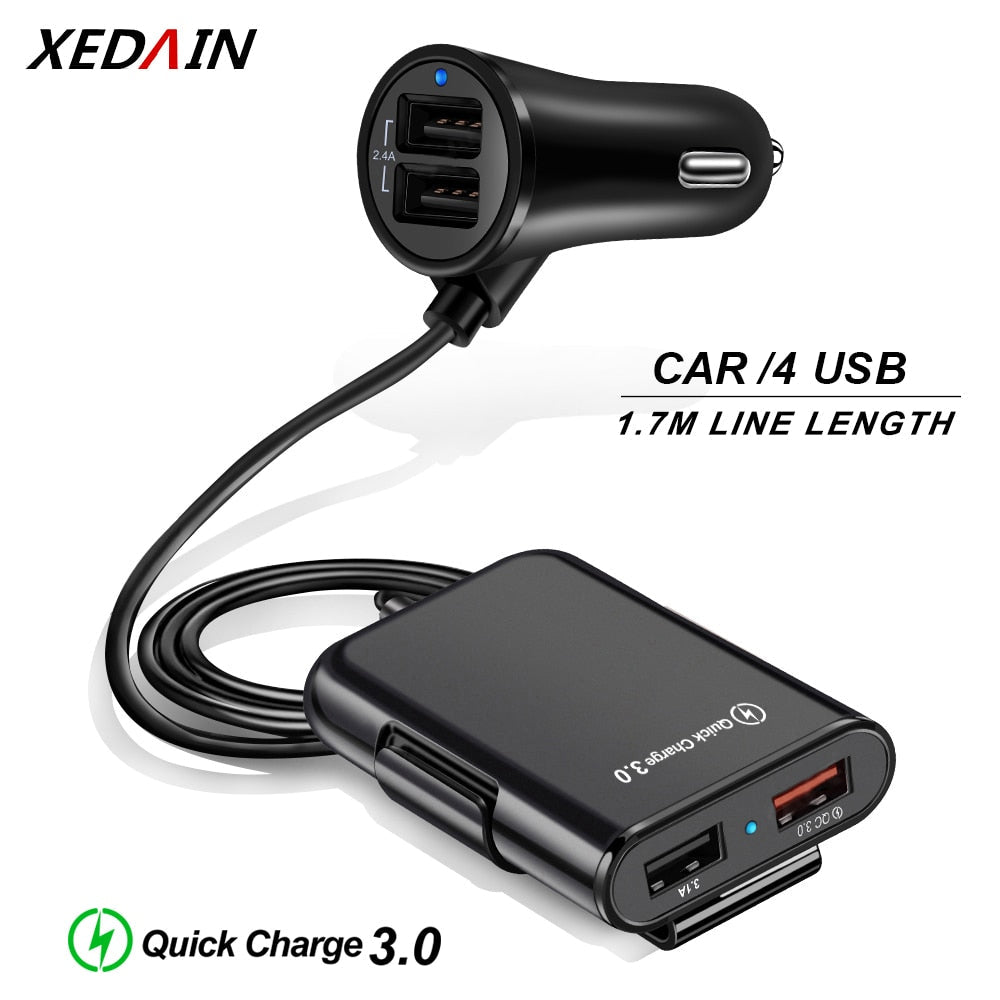 4-Port USB Car Charger with Extension Cable