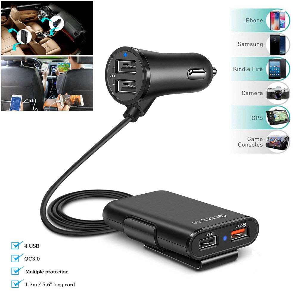 4-Port USB Car Charger with Extension Cable