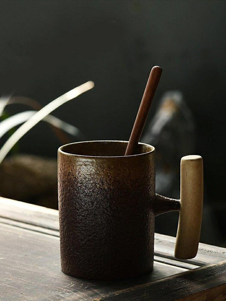 Coarse Pottery Mug with Wooden Handgrip