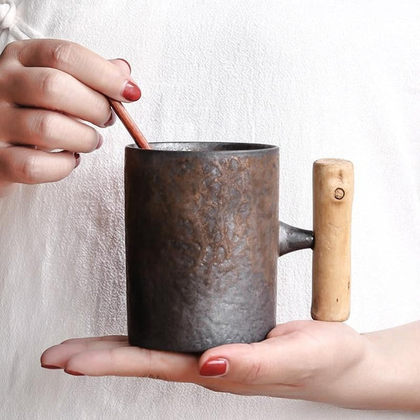 Coarse Pottery Mug with Wooden Handgrip